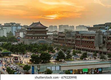 Xian Drum Tower (guluo) In Xian Ancient City Of China Sunset