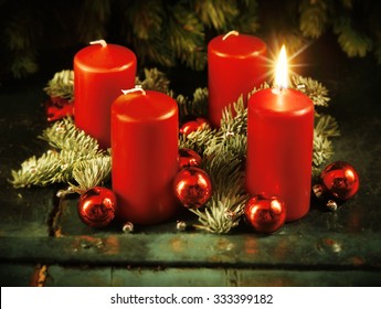 Xmas Advent wreath with one lighted candles for the 4th advent sunday rustic christmas traditional concept