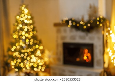 Xmas background. Blurred image of stylish christmas tree with golden lights bokeh and burning fireplace in evening living room. Defocused atmospheric christmas eve at home. - Powered by Shutterstock