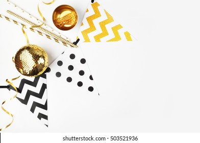 Xmas Background. Decor Table View. Flat Lay. Party Mockup. Gold Items