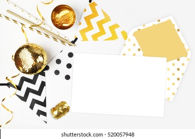 Xmas Background. Decor Table View. Flat Lay. Party Mockup. Gold Items