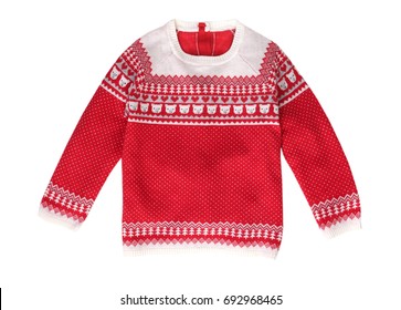 Xmas Holiday Red Knitted Patterned Sweater Isolated On White.