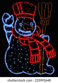 Xmas Illuminated Neon Snowman On Dark Background