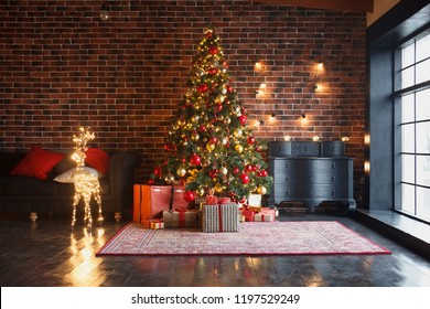 Xmas, New Year interior with red brick wall background, decorated fir tree with garlands and balls, dark drawer and deer figure - Powered by Shutterstock