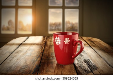 Xmas Red Mug On Table Of Shadows And Window Place 