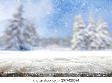 Xmas Winter Background. Winter Snow Landscape And Rustic Table Of Wood With Snow On Top. Christmas Card.