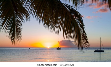 Yacht Anchoring During Sunset In Famous Rodney Bay, Saint Lucia, West Indies