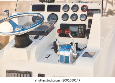 Yacht dashboard. Nautical navigation system. Cockpit instruments. Yachting