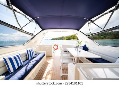 Yacht interior decoration and island view