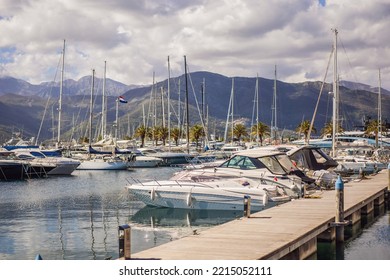 Yacht Marina, Beautiful Mediterranean Landscape In Warm Colors. Montenegro, Kotor Bay, Tivat City. Porto Montenegro Marina View. Go Everywhere