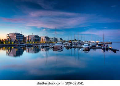 Yacht Marina In Gdynia With Modern Architecture At Dusk. Poland