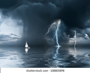 Yacht at the ocean, comes nearer a thunderstorm with rain and lightning on background