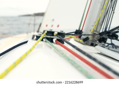 Yacht Rigging, Ropes And A System Of Blocks. Front View.