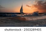 Yacht sailing in open sea at stormy day - Anchored sailing yacht on calm sea with tropical storm 