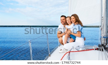 Yachting. Family Sailing In Sea Sitting On Sailboat Deck, Looking At Turquoise Water Outdoors. Panorama, Copy Space