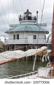 Yachts And Boats In Harbour Of St Michaels On Chesapeake Bay With Lighthouse