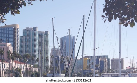 Yachts In Marina And Downtown City Skyline, San Diego Cityscape, California Coast, USA. Highrise Skyscrapers And Boat In Bay, Waterfront Harborside Promenade. Urban Architecture And Sailboat In Harbor