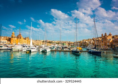 yachts near pier in Birgu near Cospicua in Malta