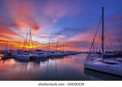 Yachts parking in the Adriatic harbour in croatia in sunset 