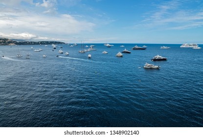 Yachts Sailing On The French Riviera. Horizon Over Water. 