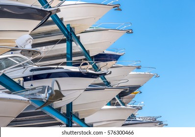 Yachts stored up in dry storage waiting for maintenance