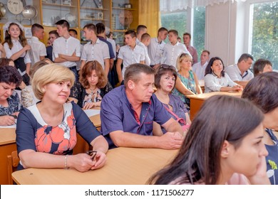 Yahotyn, Kyiv region, Ukraine, September 1, 2018: Parents of pupils in class on school meeting of September 1 in Ukraine.