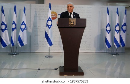 Yair Lapid The Head Of The Yesh Atid Party Speaks During A Press Conference In The Mediterranean Coastal City Of Tel Aviv On March 6, 2021. 