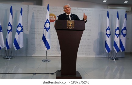 Yair Lapid The Head Of The Yesh Atid Party Speaks During A Press Conference In The Mediterranean Coastal City Of Tel Aviv On March 6, 2021. 