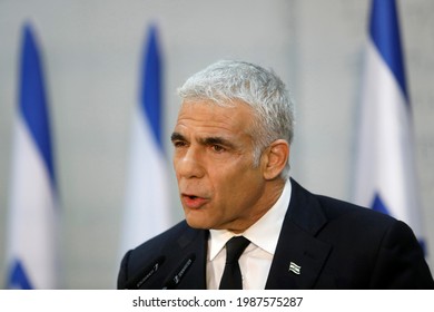 Yair Lapid The Head Of The Yesh Atid Party Speaks During A Press Conference In The Mediterranean Coastal City Of Tel Aviv On March 6, 2021. 