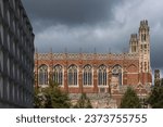 Yale university campus with gothic style buildings and clock tower. Shot in New Haven, Connecticut.