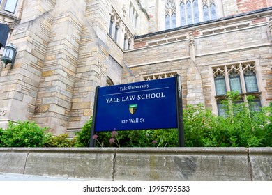 Yale University. Yale Law School Sign And Coat Of Arms At Sterling Law Building- New Haven, Connecticut, USA - 2021