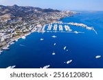 Yalikavak Bay of Bodrum. Mugla, Turkey. Panoramic view of Yalikavak marina and beach. Drone shot.