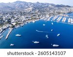 Yalikavak Bay of Bodrum. Mugla, Turkey. Panoramic view of Yalikavak marina and beach. Drone shot.