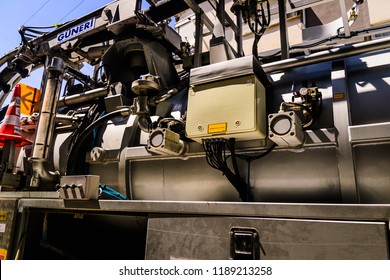 Yalova, Turkey - August 1, 2017: High Pressure Drain Opening And Cleaning Truck Belongs To The Local Municipality Of The Town In The Streets During The Evening Of Fall Season