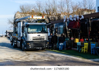 Yalova, Turkey - January 29, 2018: High Pressure Drain Opening And Cleaning Vehicle Belongs To The Local Municipality Of The Town In The Streets During A Winter Evening 