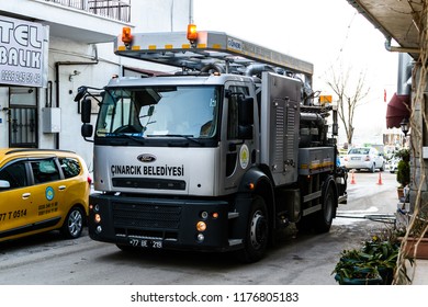 Yalova, Turkey - January 29, 2018: High Pressure Drain Opening And Cleaning Vehicle Belongs To The Local Municipality Of The Town In The Streets During A Winter Evening 