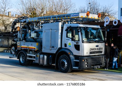 Yalova, Turkey - January 29, 2018: High Pressure Drain Opening And Cleaning Vehicle Belongs To The Local Municipality Of The Town In The Streets During A Winter Evening 