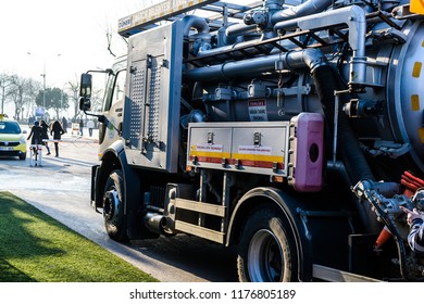 Yalova, Turkey - January 29, 2018: High Pressure Drain Opening And Cleaning Vehicle Belongs To The Local Municipality Of The Town In The Streets During A Winter Evening 