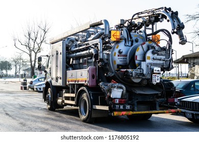 Yalova, Turkey - January 29, 2018: High Pressure Drain Opening And Cleaning Vehicle Belongs To The Local Municipality Of The Town In The Streets During A Winter Evening 