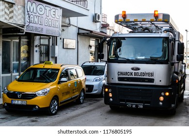 Yalova, Turkey - January 29, 2018: High Pressure Drain Opening And Cleaning Vehicle Belongs To The Local Municipality Of The Town In The Streets During A Winter Evening 