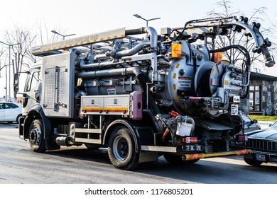 Yalova, Turkey - January 29, 2018: High Pressure Drain Opening And Cleaning Vehicle Belongs To The Local Municipality Of The Town In The Streets During A Winter Evening 