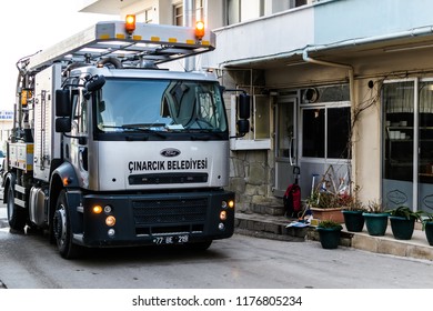 Yalova, Turkey - January 29, 2018: High Pressure Drain Opening And Cleaning Vehicle Belongs To The Local Municipality Of The Town In The Streets During A Winter Evening 