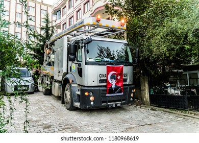 Yalova, Turkey - October 30, 2017: High Pressure Drain Opening And Cleaning Truck Belongs To The Local Municipality Of The Town In The Streets During The Evening Of Fall Season