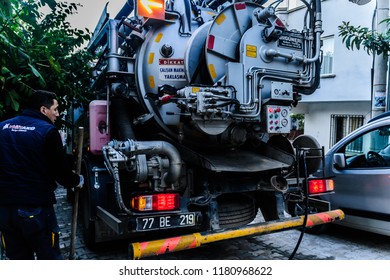 Yalova, Turkey - October 30, 2017: High Pressure Drain Opening And Cleaning Truck Belongs To The Local Municipality Of The Town In The Streets During The Evening Of Fall Season