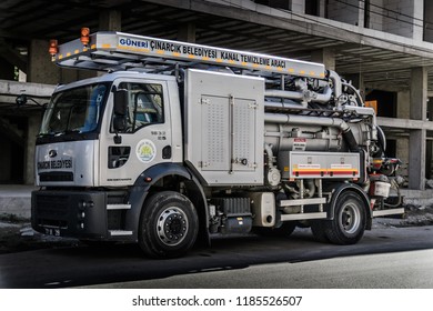 Yalova, Turkey - September 1, 2017: High Pressure Drain Opening And Cleaning Truck Belongs To The Local Municipality Of The Town In The Streets During The Evening Of Fall Season