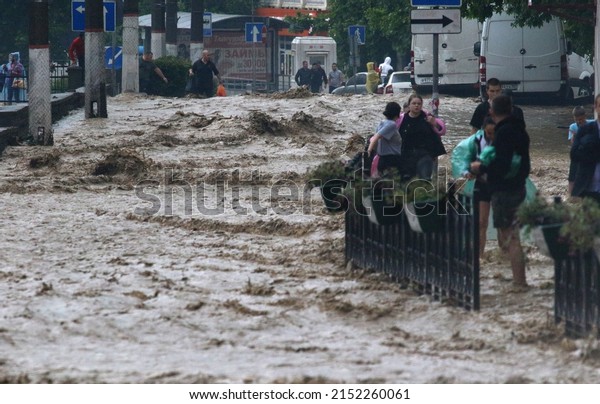 Yalta (Crimea, Crimean
peninsula), 18.06.2021. Streams of water from overflowing banks as
a result of heavy downpours of mountain rivers flow through the
streets of Yalta.