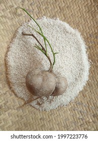 Yam Fruit With Rice Sieve Background