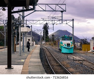 Yamadera, Japan - Dec 5, 2016. A Man Waiting At Railway Station In Yamadera, Japan. Yama-dera Is About A Twenty-minute Train Ride (Senzan Line) Northeast Of Yamagata City.