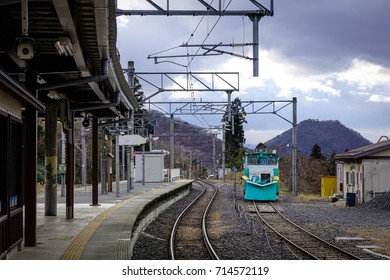 Yamadera, Japan - Dec 5, 2016. Railway Station At Sunset In Yamadera, Japan. Yama-dera Is About A Twenty-minute Train Ride (Senzan Line) Northeast Of Yamagata City.