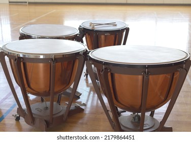 Yamagata, Japan - July, 2022: Timpani Drums From A School Band Sit In A Gymnasium